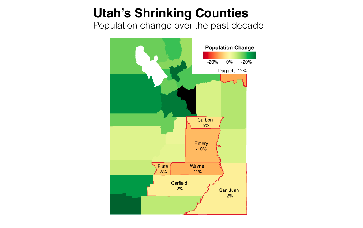 Map of Utah counties losing population (Shane Burke | The Salt Lake Tribune)