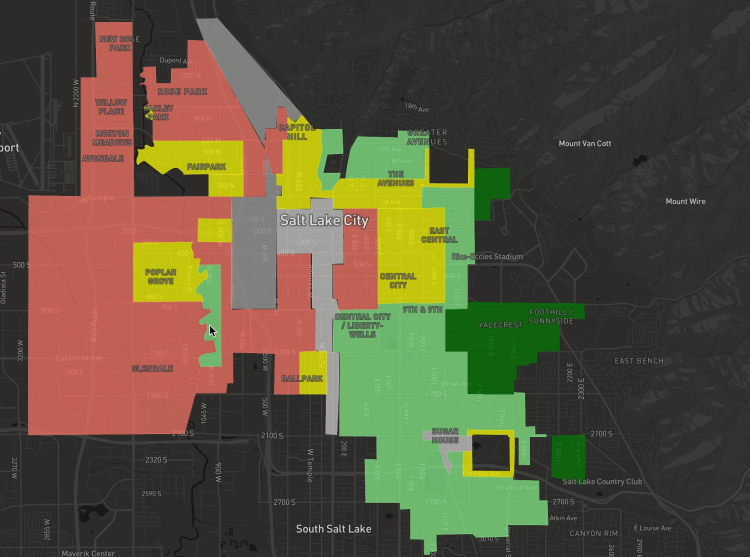 Map of Salt Lake City showing historical redlining districts